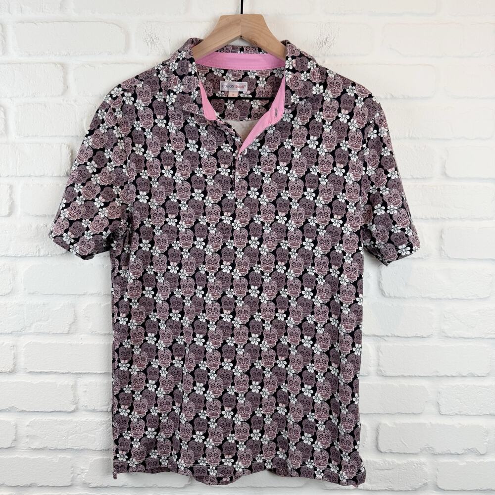 Coton Doux Slim Fit Skull Print Polo Shirt Day of the Dead Black Pink Size Small
